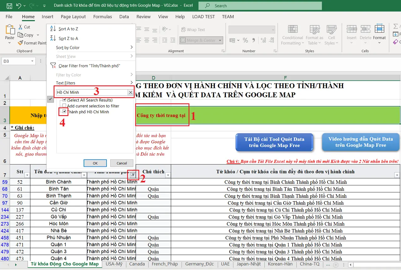 Tiếp cận 10.000 khách hàng chất tại TP.HCM bằng Tool Quét Google Map - Tạo từ khóa tìm kiếm theo Quận/Huyện tại TP HCM
