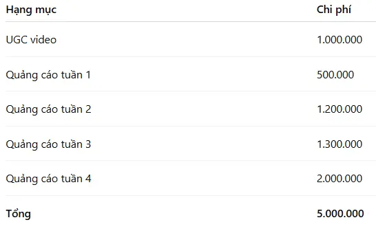 Tổng ngân sách Marketing dự kiến cho chiến dịch marketing du kích trong 30 ngày