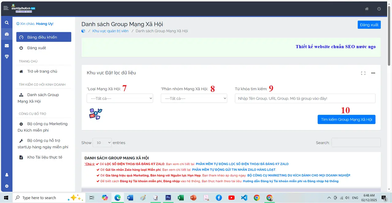 Group Zalo Doanh Nhân tiêu biểu - Giao diện làm việc của công cụ tìm kiếm Group Mạng Xã Hội trong chế độ đăng nhập