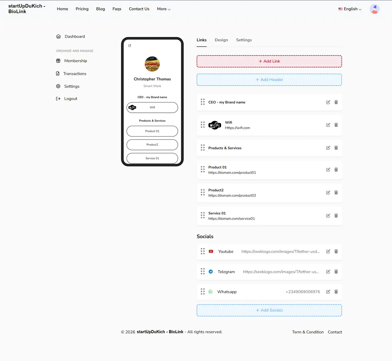 Giải pháp xây dựng nền tảng BioLink SaaS kiếm tiền - Giao diện thiết kế BioLink của Người dùng