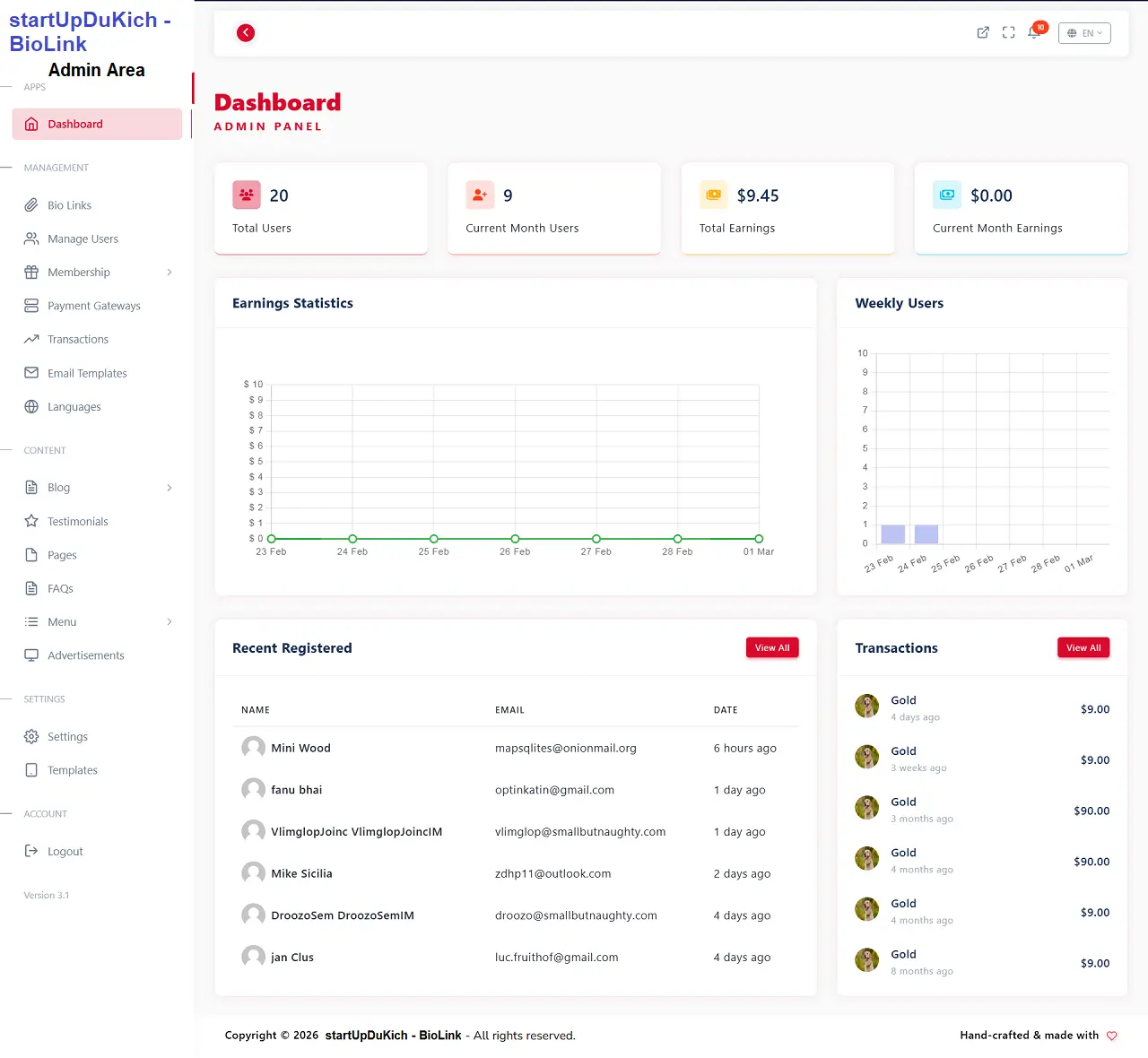 Giải pháp xây dựng nền tảng BioLink SaaS kiếm tiền - Giao diện quản trị của Super Admin