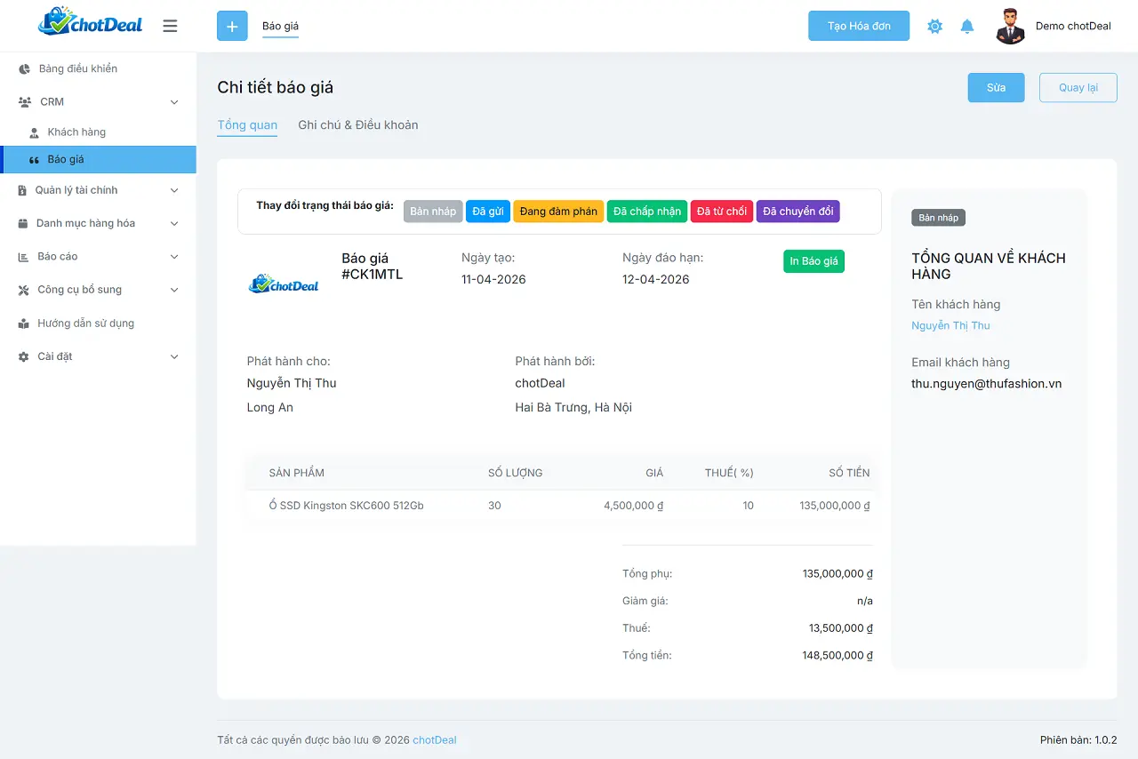 Hướng dẫn sử dụng phần mềm chốt đơn - Giao diện hiển thị thông tin chi tiết của một Báo giá trong chotDeal