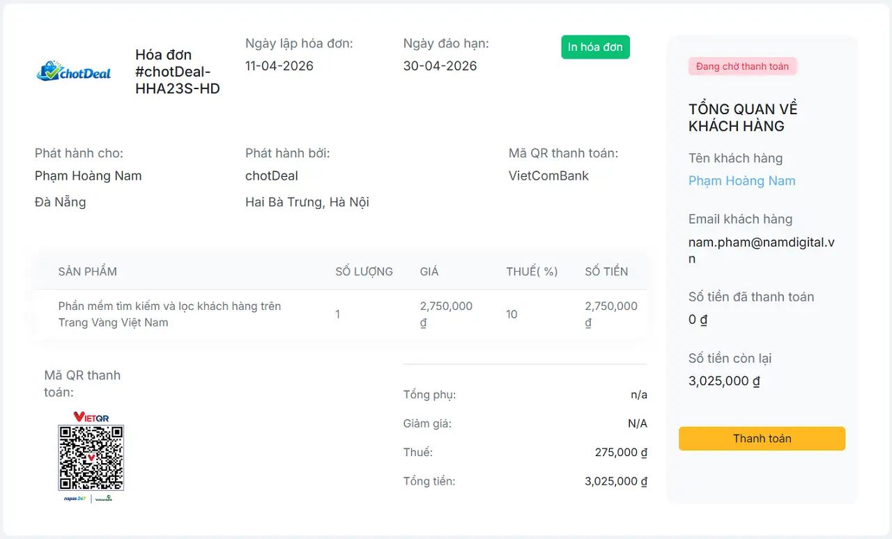 Hướng dẫn sử dụng phần mềm chốt đơn - Giao diện hiển thị thông tin Hóa đơn chi tiết từ Link Hóa đơn mà Bạn gửi cho Khách hàng