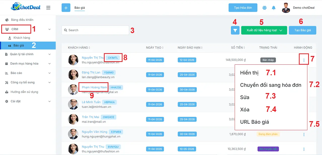 Hướng dẫn sử dụng phần mềm chốt đơn - Giao diện quản lý Báo giá trong chotDeal