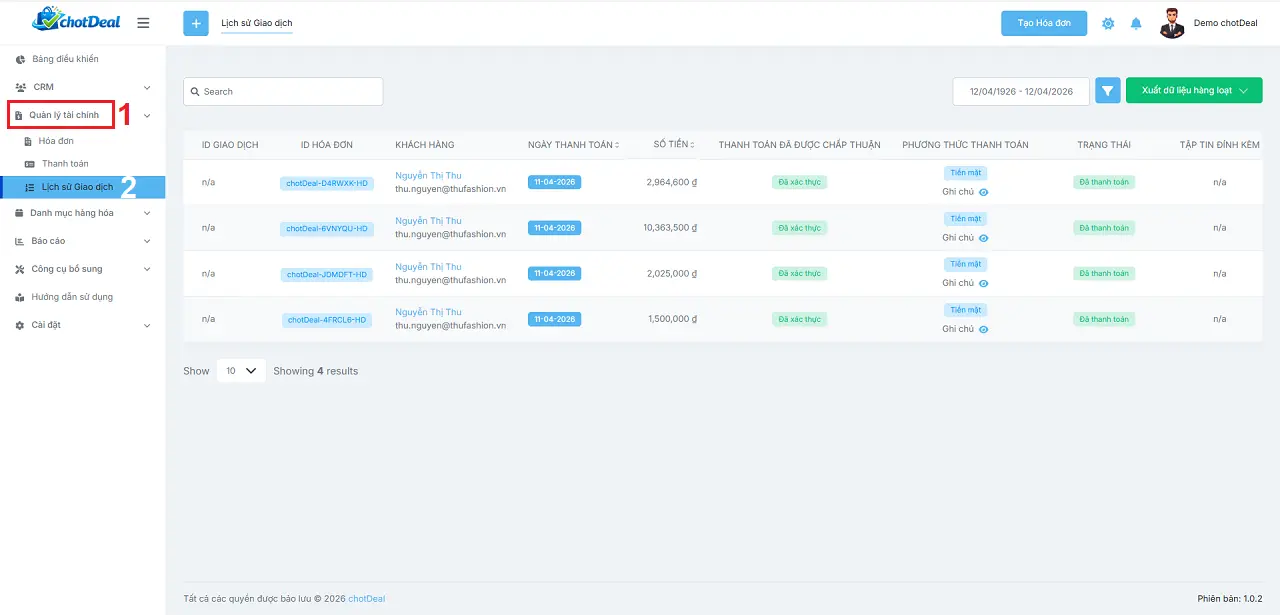 Hướng dẫn sử dụng phần mềm chốt đơn - Giao diện quản lý lịch sử Giao dịch thanh toán trong chotDeal