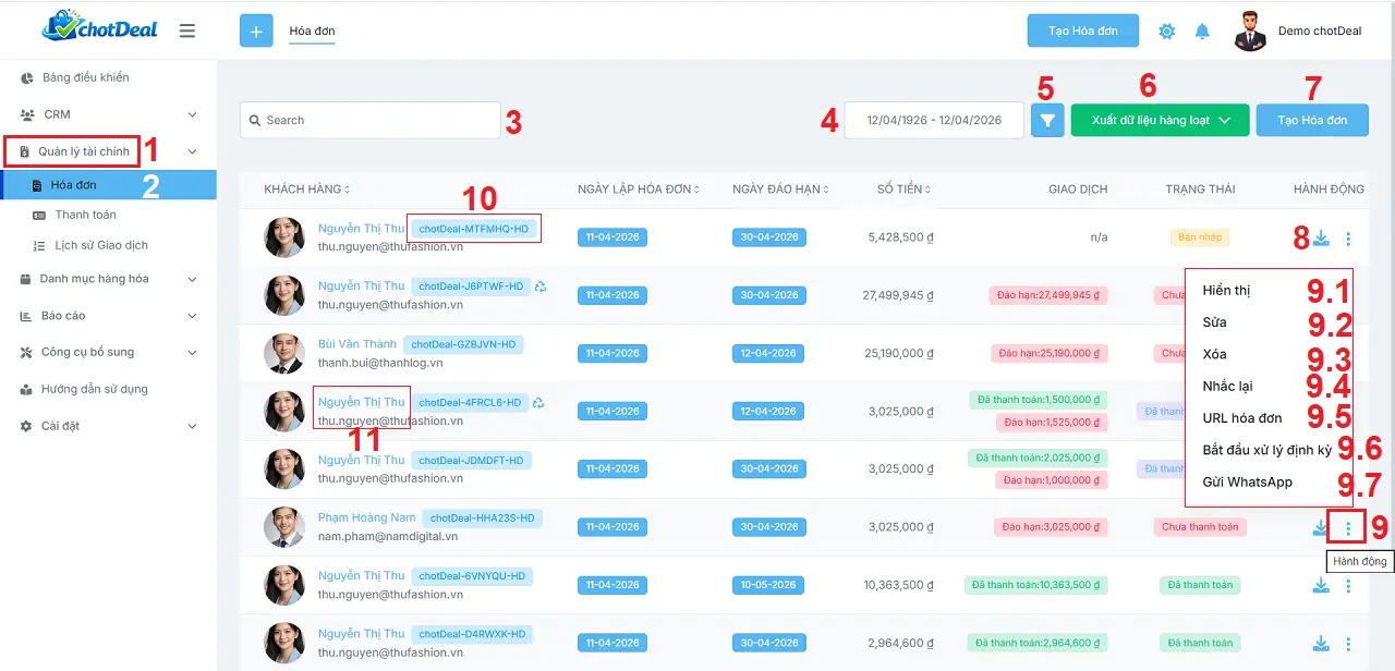 Hướng dẫn sử dụng phần mềm chốt đơn - Giao diện quản lý hóa đơn trong chotDeal