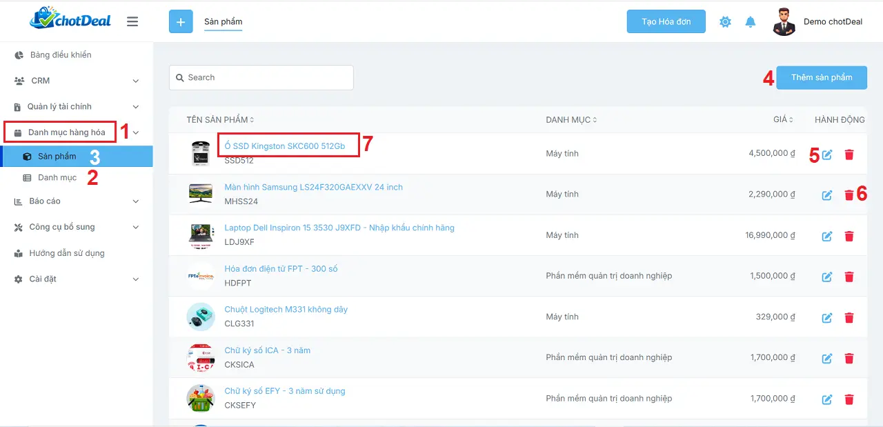 Hướng dẫn sử dụng phần mềm chốt đơn - Giao diện quản lý sản phẩm và danh mục sản phẩm trong chotDeal