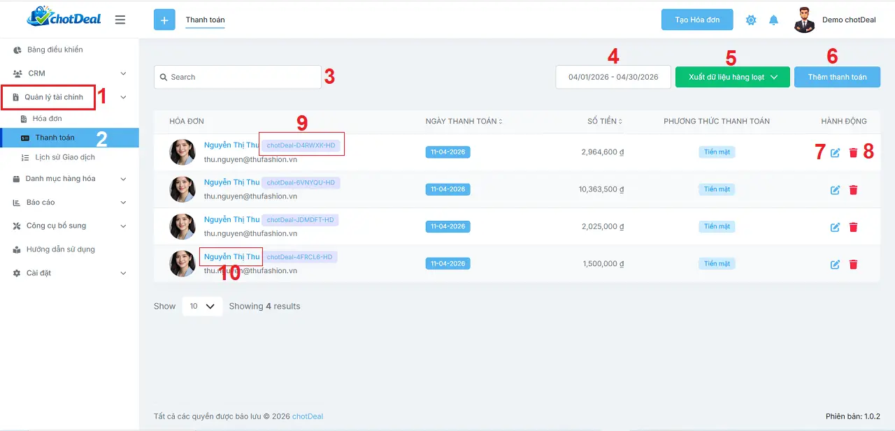 Hướng dẫn sử dụng phần mềm chốt đơn - Giao diện quản lý thanh toán của Admin trong chotDeal