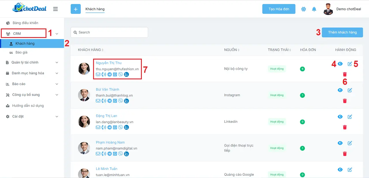Hướng dẫn sử dụng phần mềm chốt đơn - Giao diện quản trị Khách hàng trong chotDeal