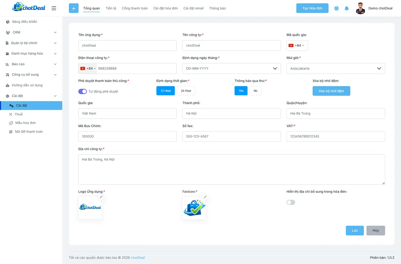 Hướng dẫn sử dụng phần mềm chốt đơn - Giao diện thiết lập các thông số doanh nghiệp trong chotDeal