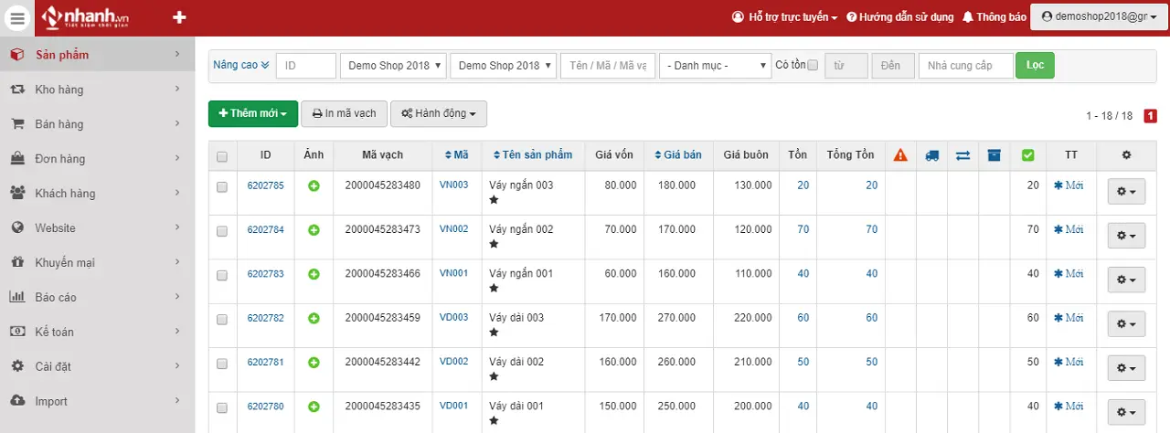 Giao diện làm việc của phần mềm quản lý bán hàng Nhanh