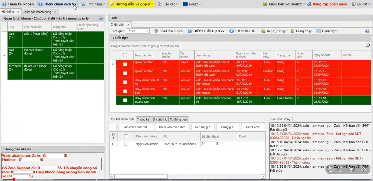 Top 5 phần mềm Zalo Marketing miễn phí dành cho startUp - Giao diện làm việc của phần mềm akaBiz Zalo