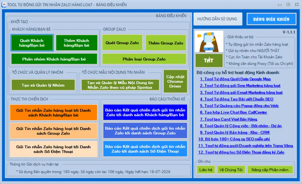 Top 5 phần mềm Zalo Marketing miễn phí dành cho startUp - Giao diện phần mềm UTPSendBulkZaloMSGSPro